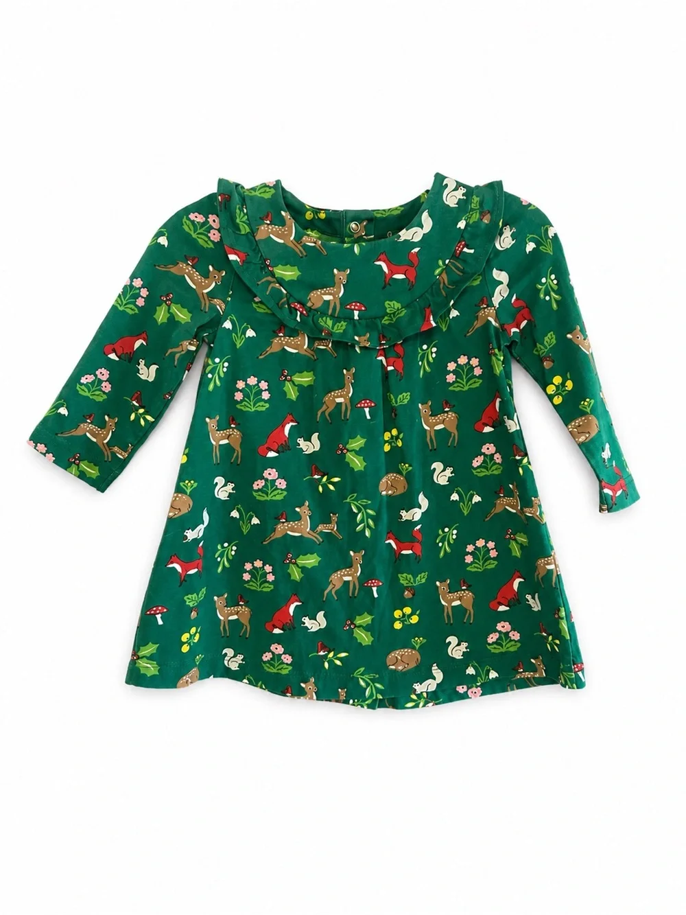 Baby Boden 3-6M Woodland Fox Deer Ruffle Dress Green EUC appears NWOT
